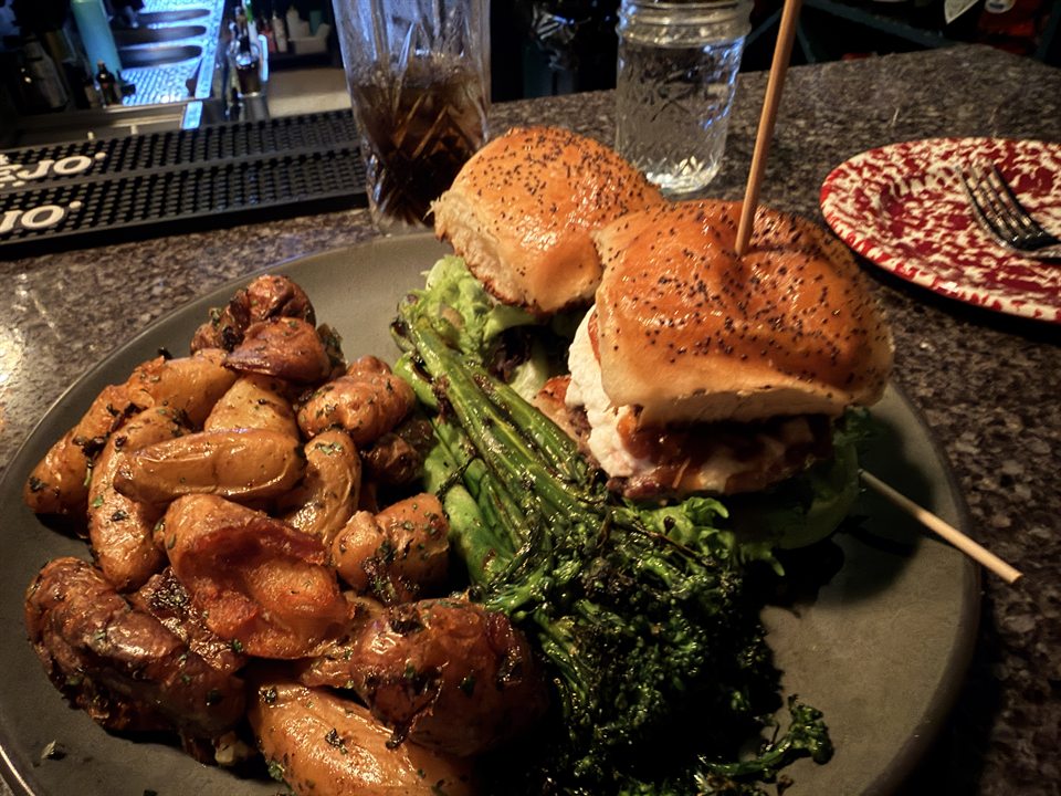 Sandwiches with roasted potatoes and broccolini at Mountain Social