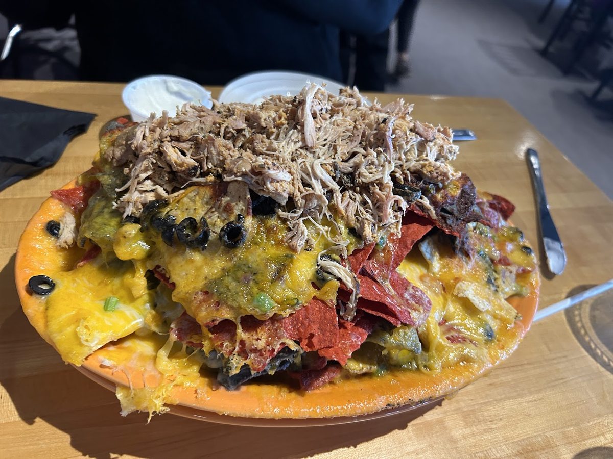 A towering plate of loaded nachos at Sunday River