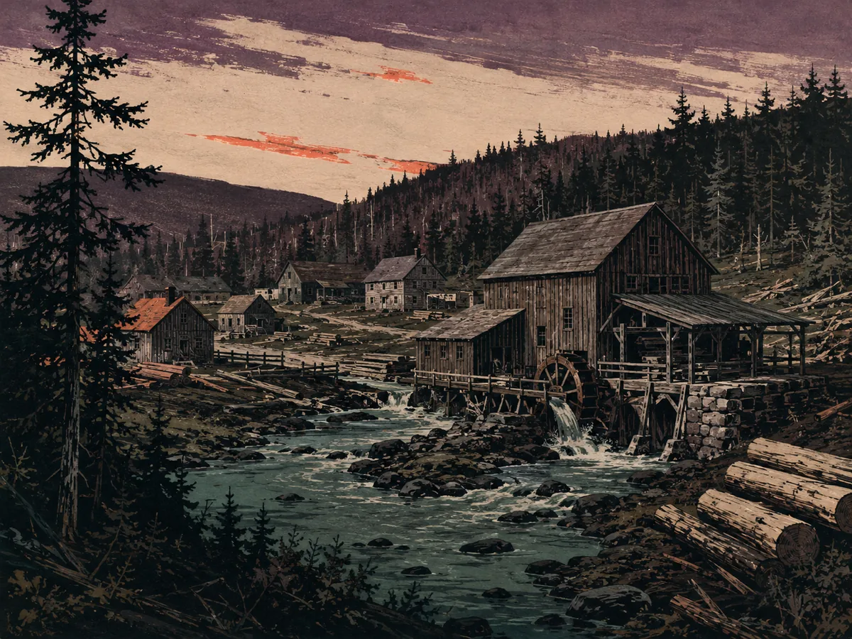 Interpretive illustration of an early mill settlement beside Black Brook