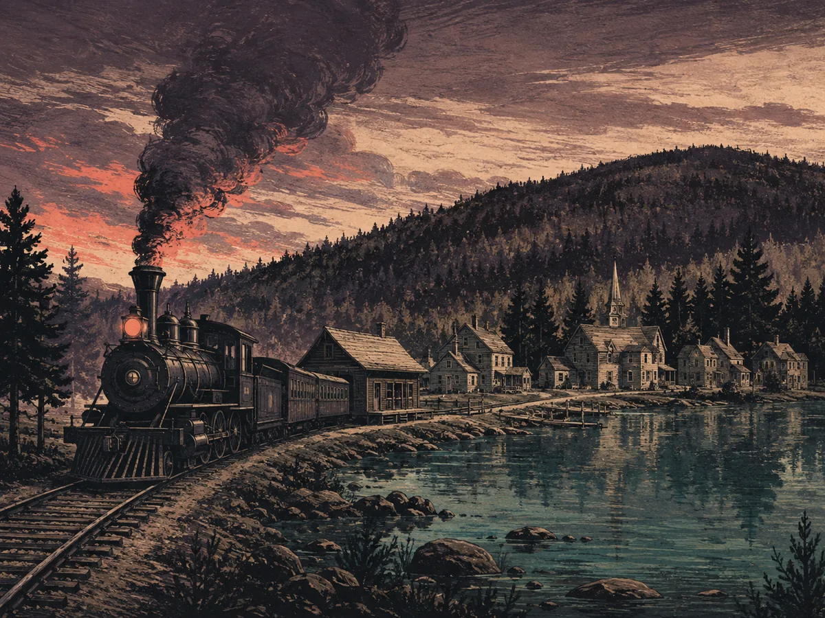 Interpretive illustration of a steam train arriving beside a western Maine village and pond