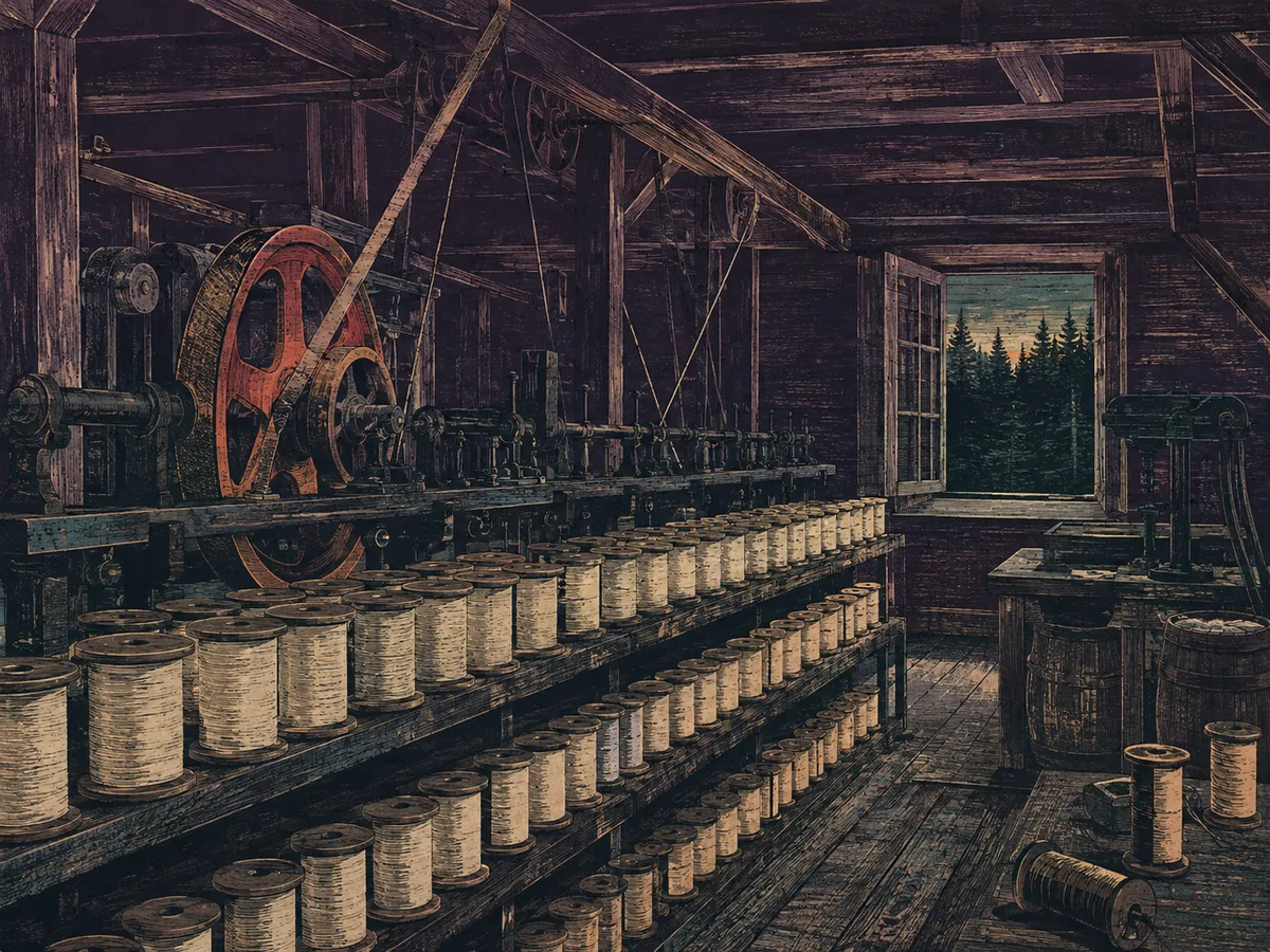 Interpretive illustration of an 1880s wooden spool mill interior