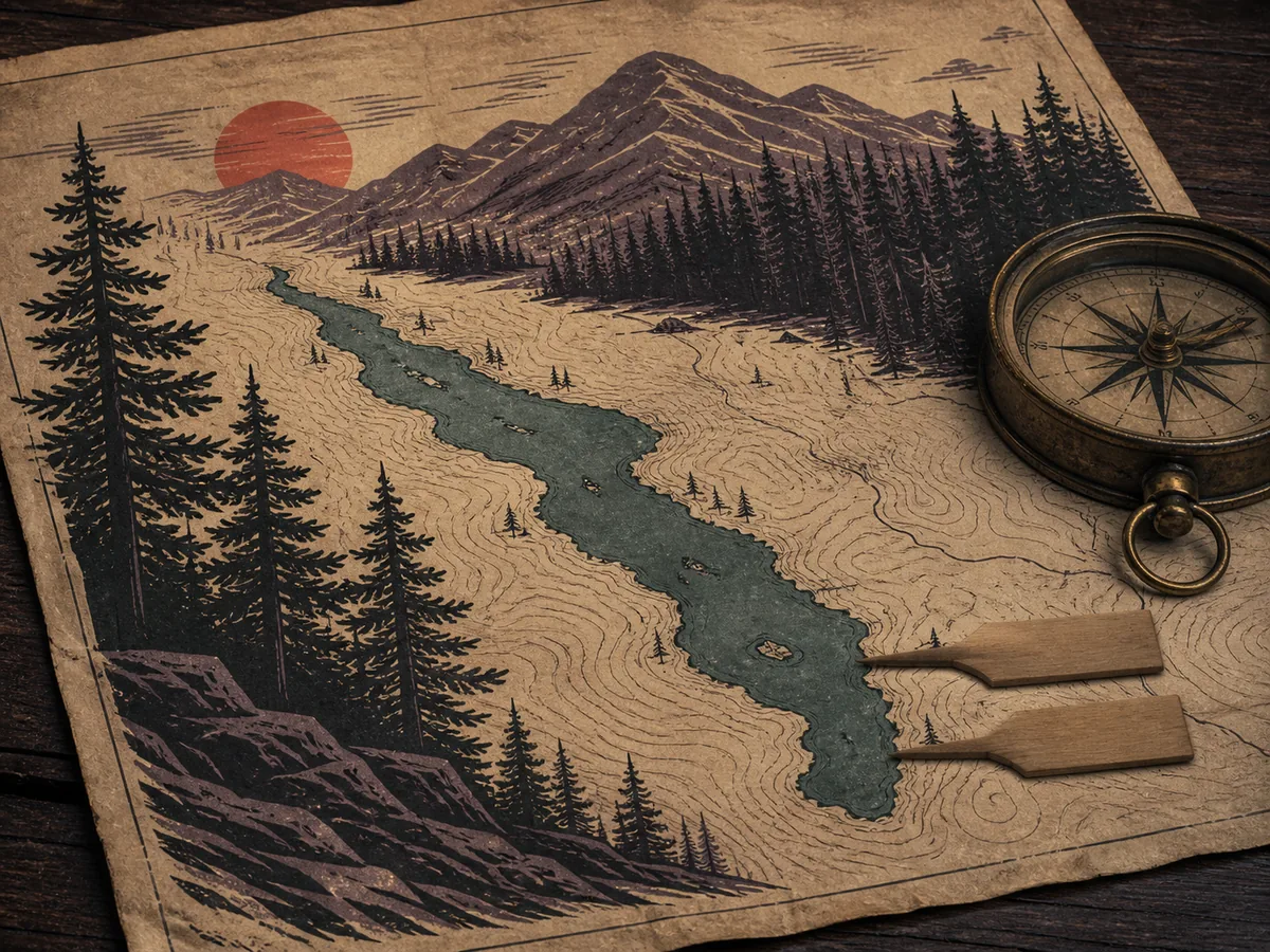 Interpretive illustration of a western Maine lake map with two blank name markers
