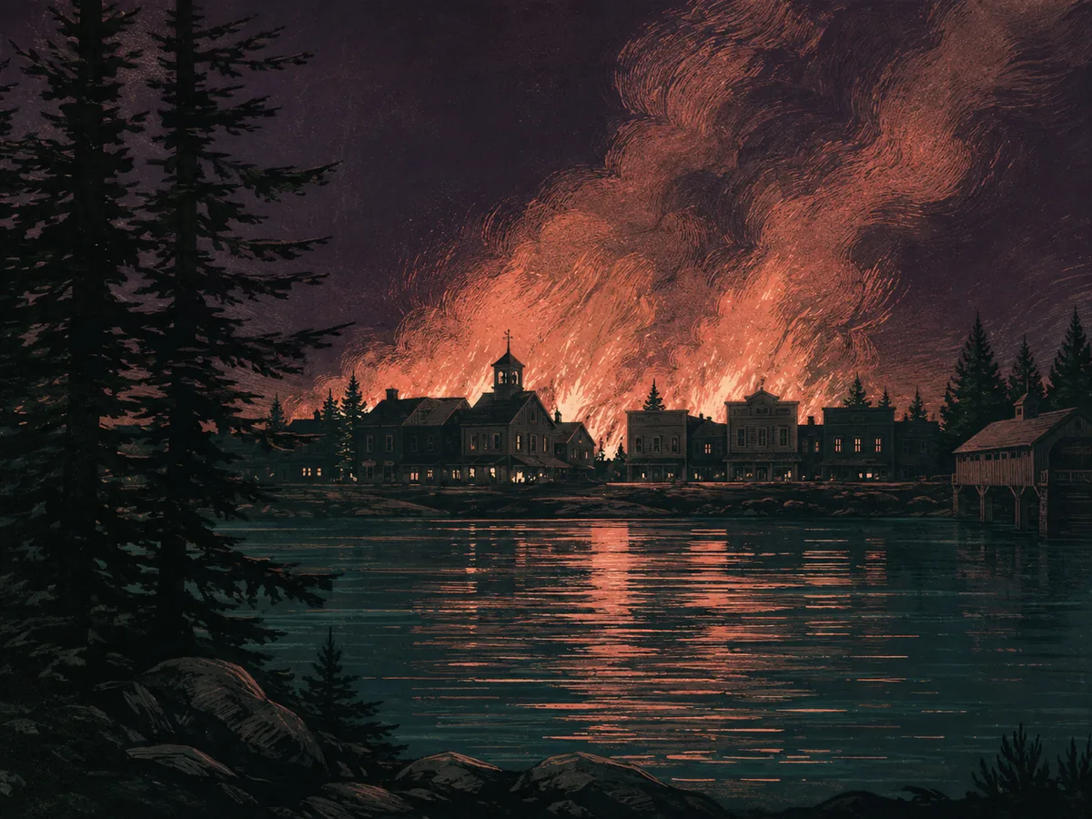 Interpretive illustration of a 1920s Maine village fire seen across dark water