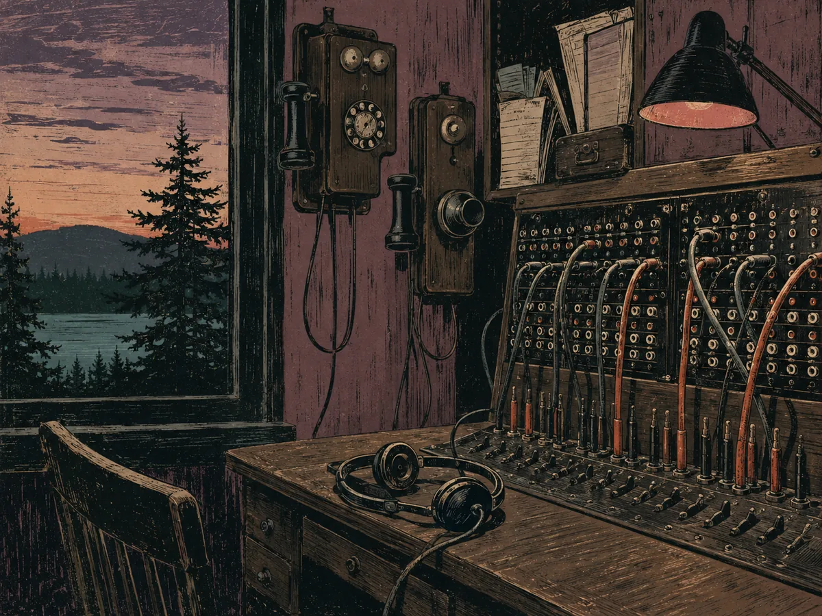 Interpretive illustration of a rural hand-crank telephone exchange and switchboard